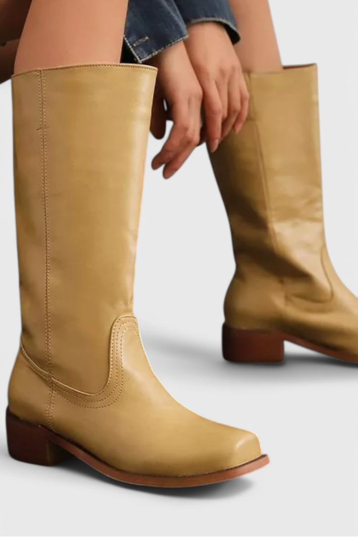 Isla Square Toe Knee-High Boots | Block Heel Stitched Knee-High Boots