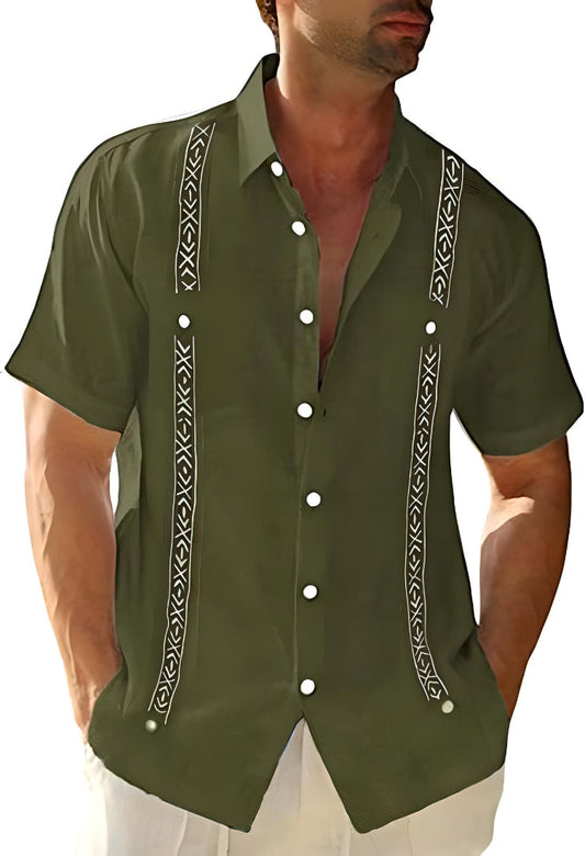 Men’s Button-Up Shirt – Relaxed Fit – Short Sleeve – Embroidered Detail – Breathable Blend