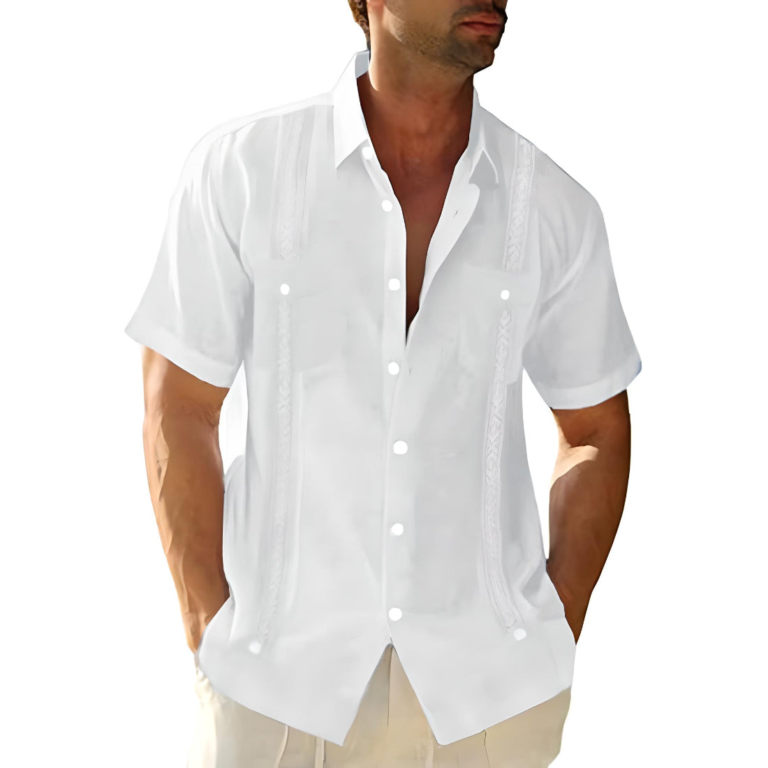 Men’s Button-Up Shirt – Relaxed Fit – Short Sleeve – Embroidered Detail – Breathable Blend