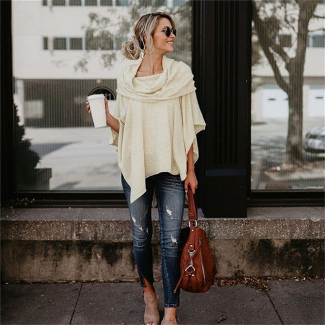 Women’s Off-Shoulder Top – Soft Knit – Relaxed Fit – Long Sleeve – Asymmetrical Hem