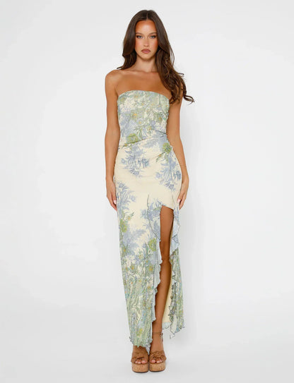 Women’s Maxi Dress – Strapless Slim Fit – Bold Floral Print – High Side Slit