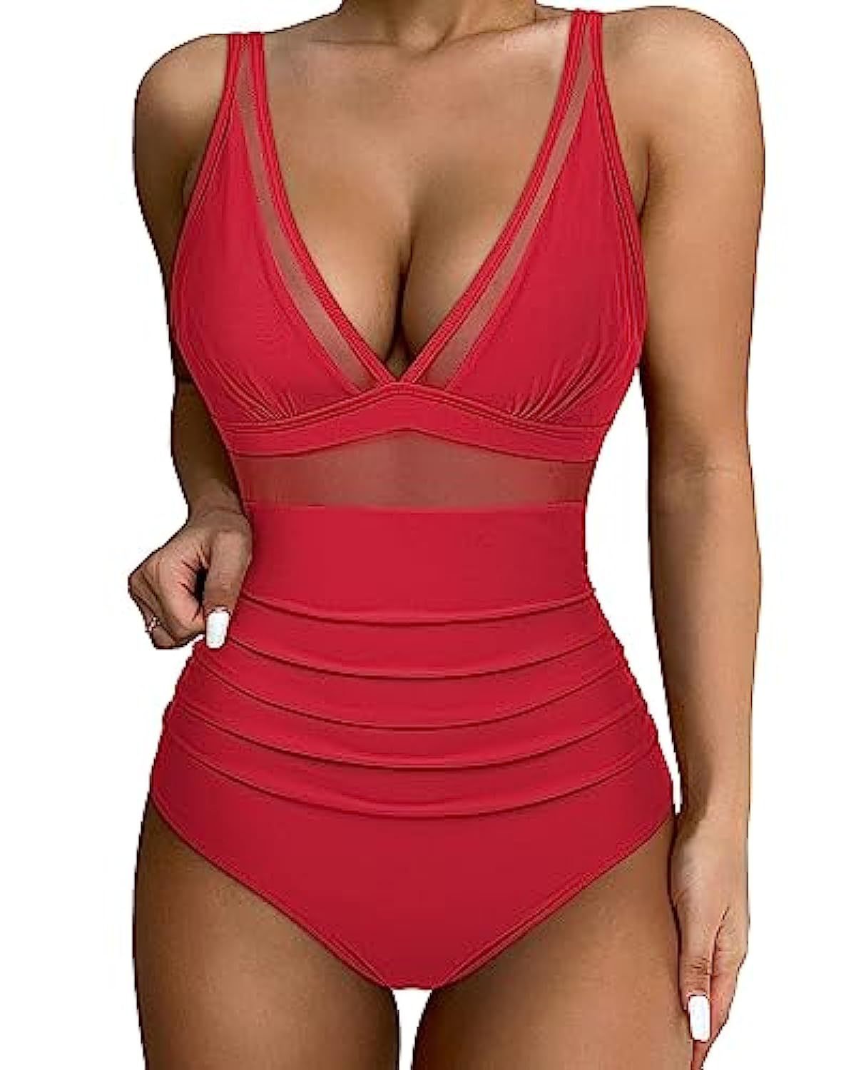 Women’s Swimsuit – Plunging Neckline – Mesh Panels – High-Cut Leg – Breathable Blend