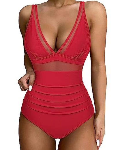 Women’s Swimsuit – Plunging Neckline – Mesh Panels – High-Cut Leg – Breathable Blend