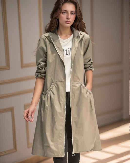 Women’s Waterproof Jacket – Relaxed Fit – Knee Length – Hooded – Zip Front – Pocketed