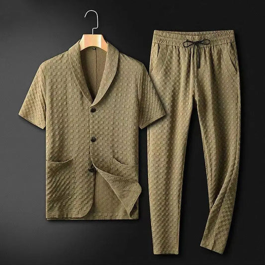Men’s Blazer and Pants Set – Relaxed Fit – Short Sleeve – Textured Fabric – Elastic Waist