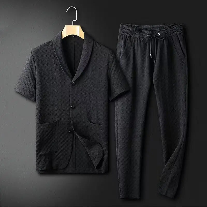 Men’s Blazer and Pants Set – Relaxed Fit – Short Sleeve – Textured Fabric – Elastic Waist