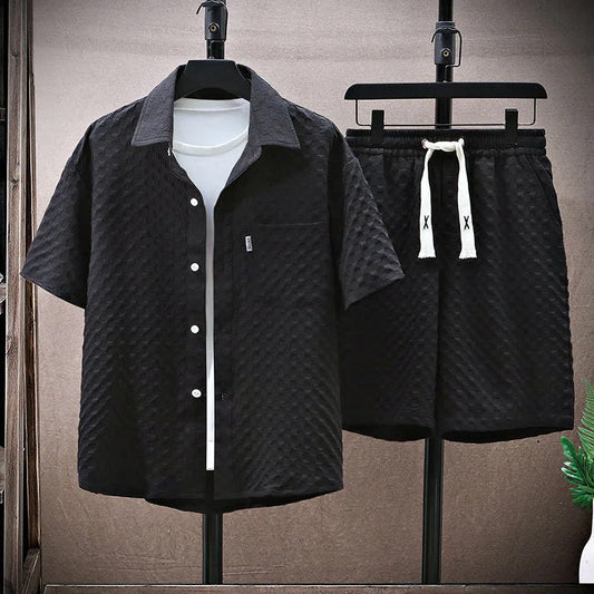 Men’s Streetwear Set – Relaxed Fit Button-Up Shirt & Mid-Length Shorts – Breathable Blend