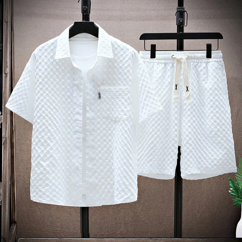 Men’s Streetwear Set – Relaxed Fit Button-Up Shirt & Mid-Length Shorts – Breathable Blend