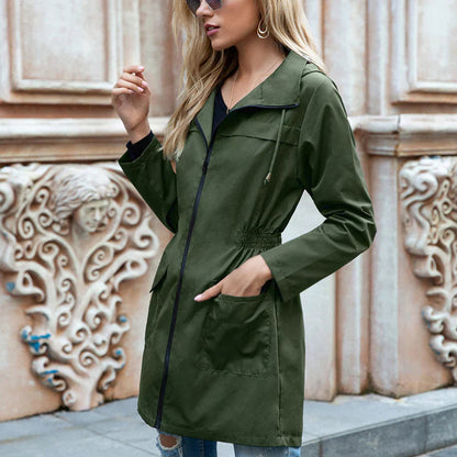 Women’s Long Raincoat – Water-Resistant – Relaxed Fit – Adjustable Waist – Hooded