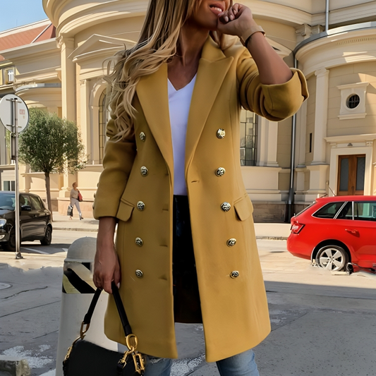 Women’s Long Coat – Luxury Fabric – Tailored Fit – Double-Breasted – Down Collar