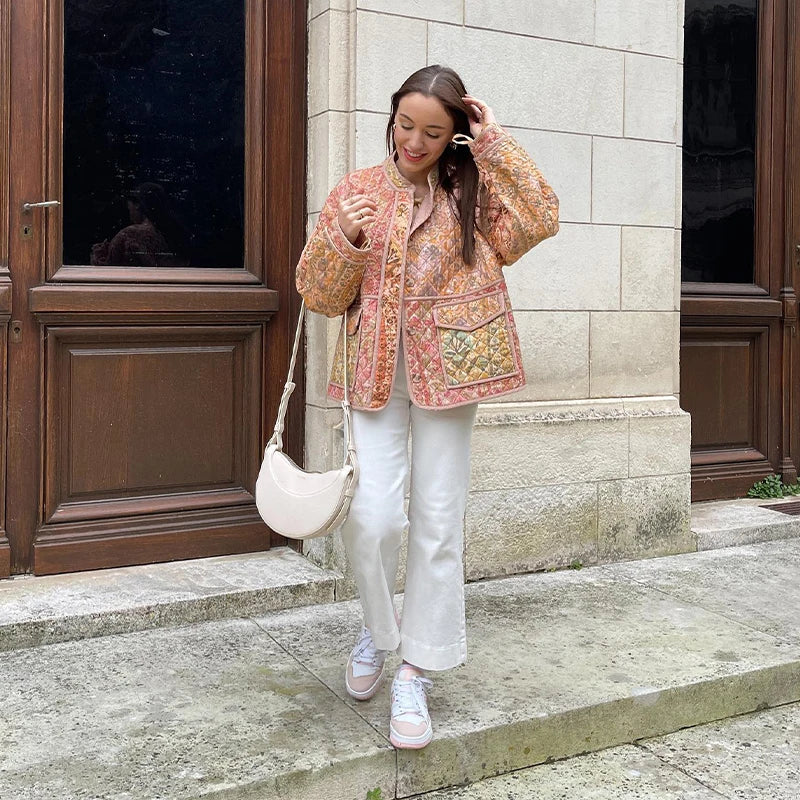 Women’s Oversized Jacket – Quilted Tweed – Open Front – Patch Pockets – Boho Style