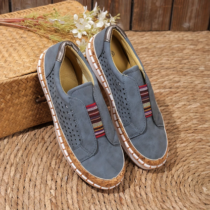 Women’s Slip-On Shoes – Breathable Perforated Upper – Orthotic Support – Cork Sole