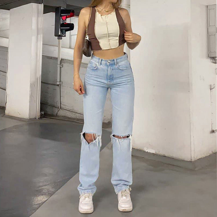Women’s Jeans – High Waist – Relaxed Fit – Distressed Knees – Full Length Denim