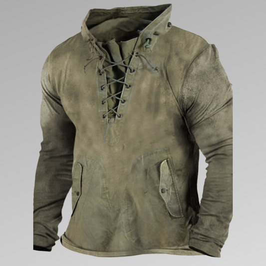 Men’s Long-Sleeve Shirt – Relaxed Fit – Rugged Design – Cotton Feel – Lace-Up Neck – Utility Pockets