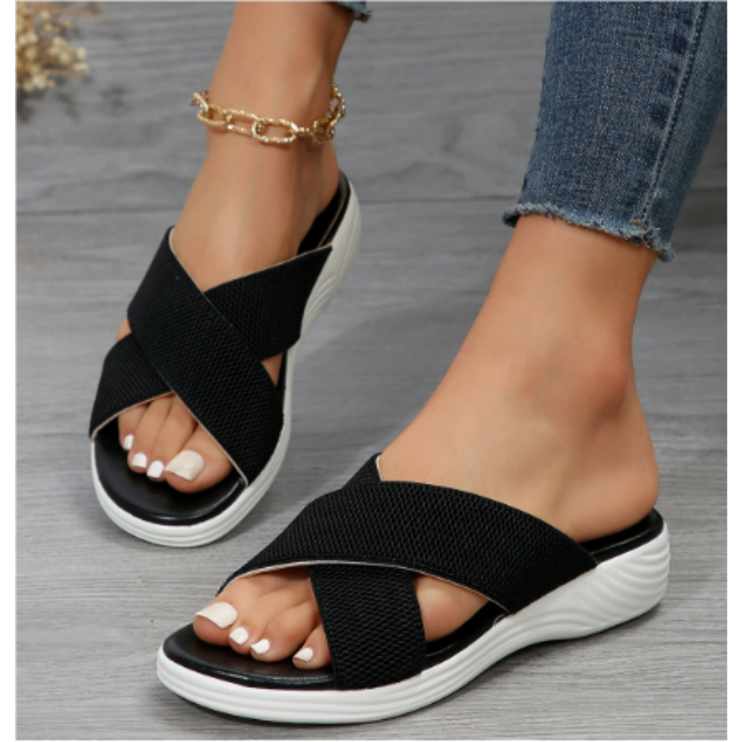 Women’s Sandals – Open Toe – Elastic Crisscross Straps – Cushioned Sole – Breathable Blend
