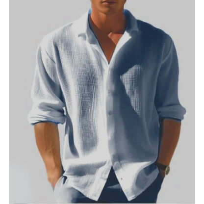 Men’s Button-Down Shirt – Relaxed Fit – Long Sleeve – Cotton Linen Textured