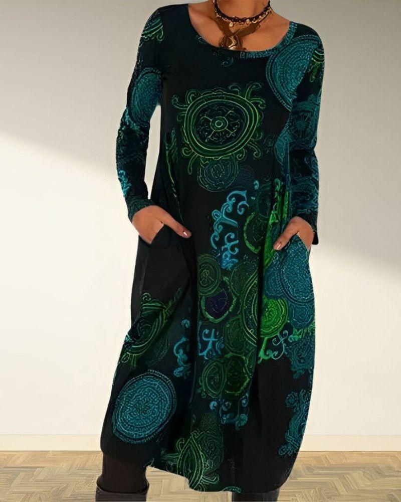 Women's Maxi Dress - Long Sleeve - Scoop Neck - A-Line Loose Fit - Bohemian Print