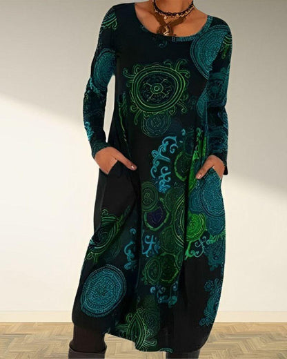 Women's Maxi Dress - Long Sleeve - Scoop Neck - A-Line Loose Fit - Bohemian Print