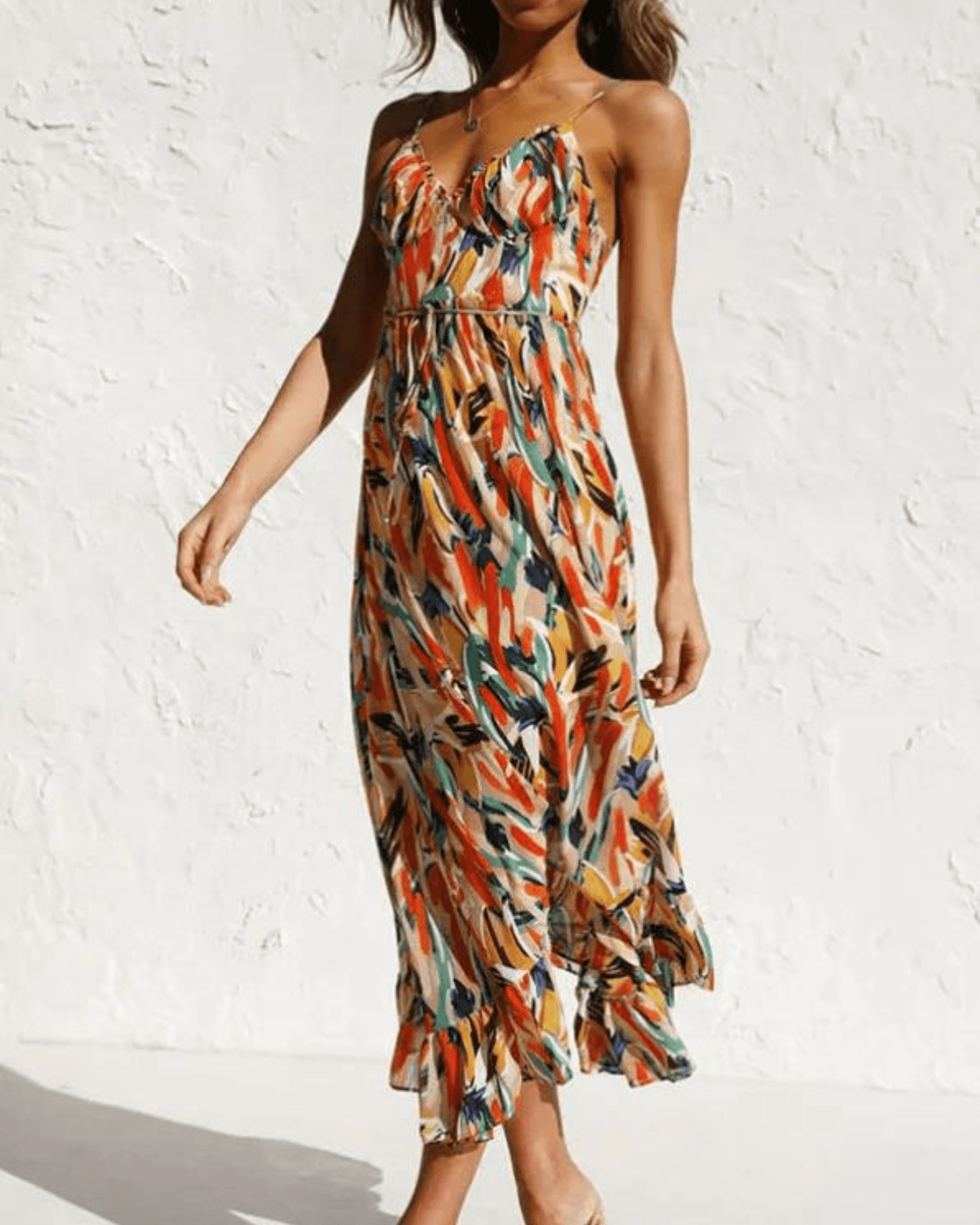 Women's Maxi Dress - V-Neck Spaghetti Straps - Flowy Lightweight Fabric - Asymmetrical Hem