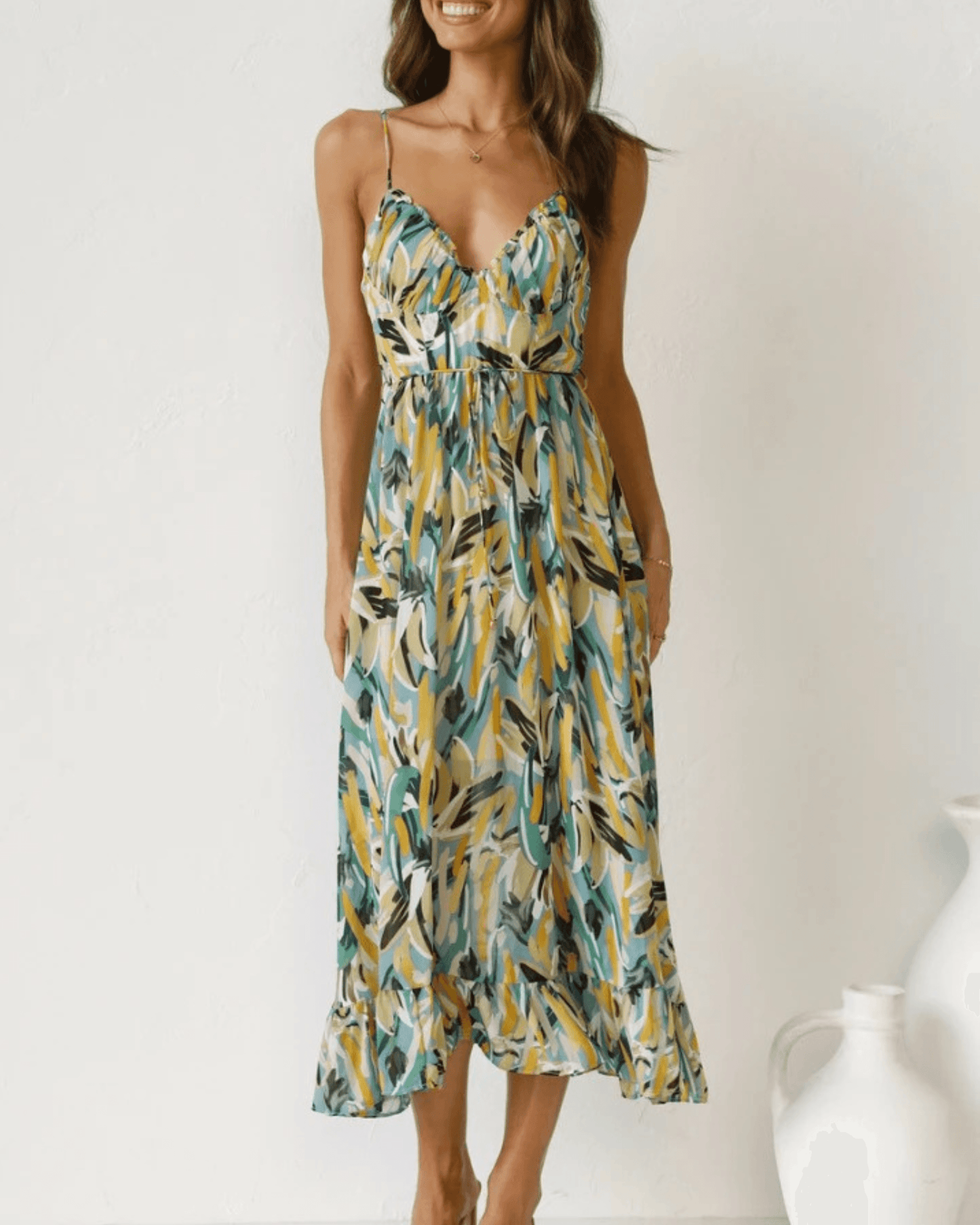 Women's Maxi Dress - V-Neck Spaghetti Straps - Flowy Lightweight Fabric - Asymmetrical Hem