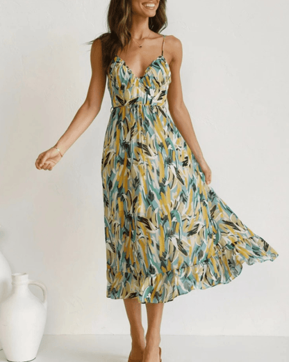 Women's Maxi Dress - V-Neck Spaghetti Straps - Flowy Lightweight Fabric - Asymmetrical Hem