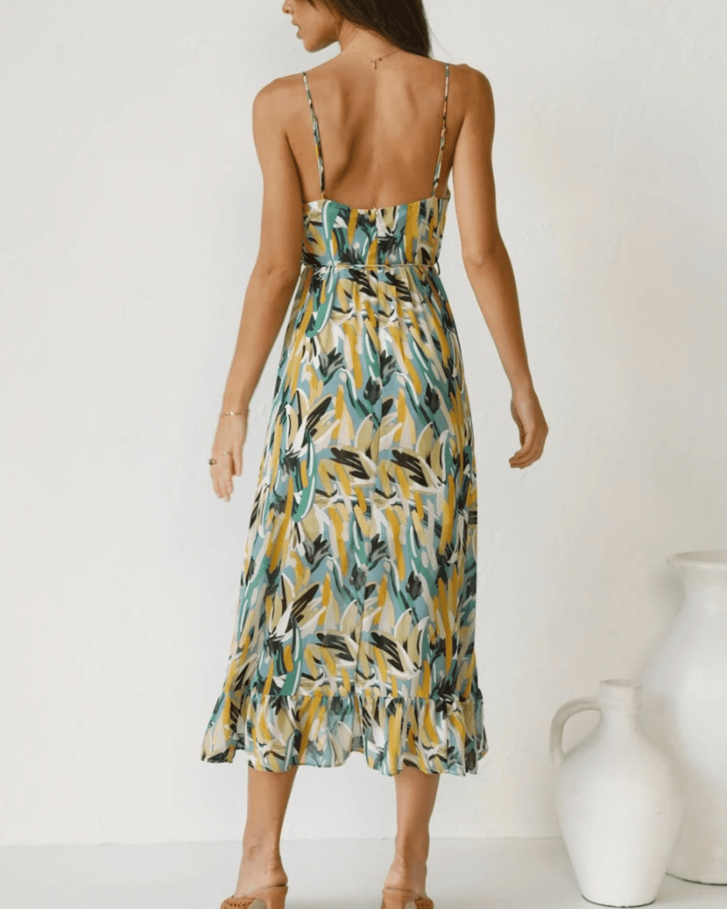 Women's Maxi Dress - V-Neck Spaghetti Straps - Flowy Lightweight Fabric - Asymmetrical Hem