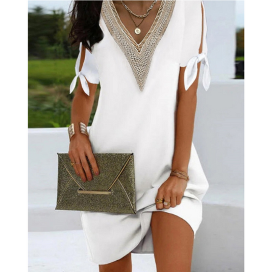 Women’s Tunic Dress – Relaxed Fit – V-Neck Detail – Sleeve Slits with Ties
