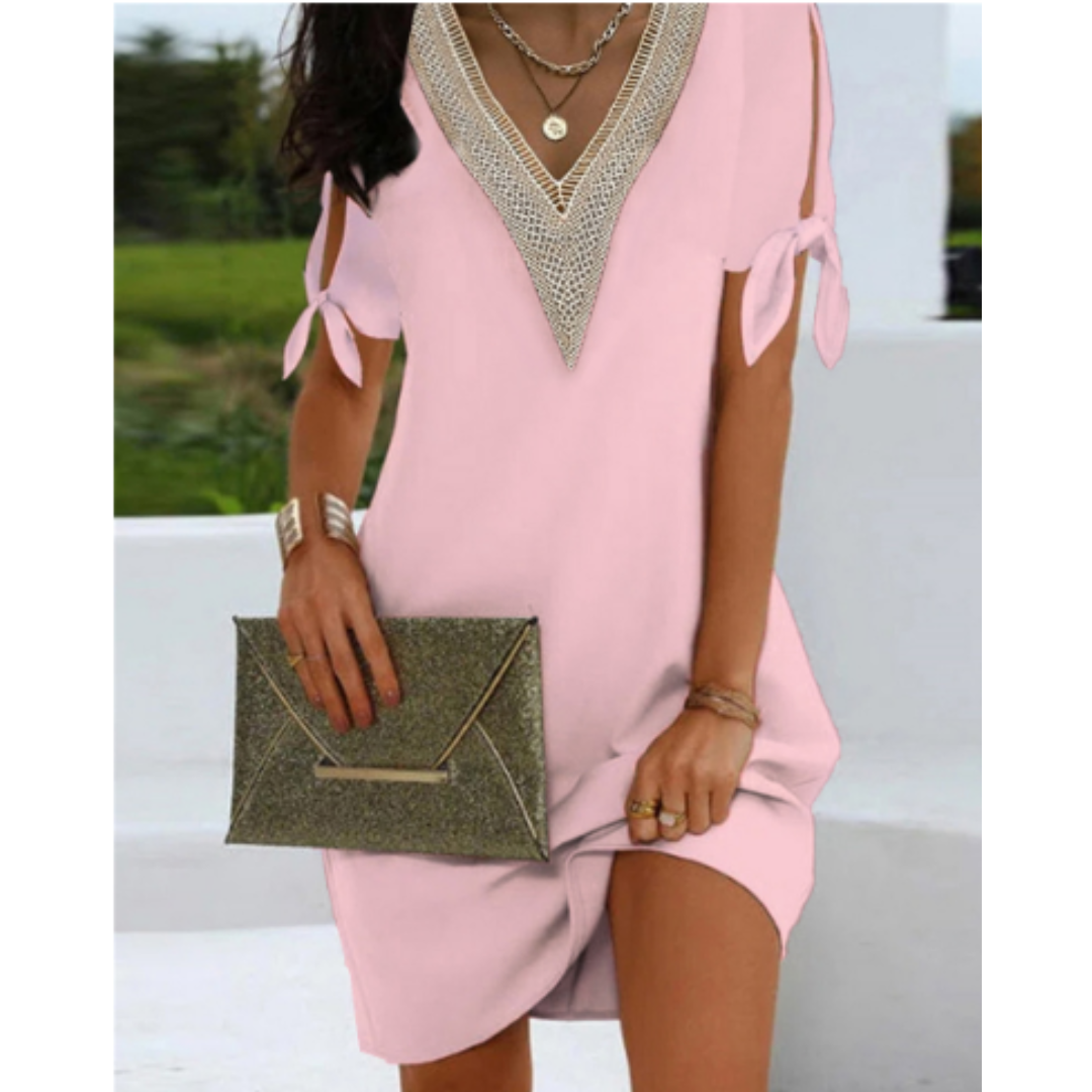 Women’s Tunic Dress – Relaxed Fit – V-Neck Detail – Sleeve Slits with Ties