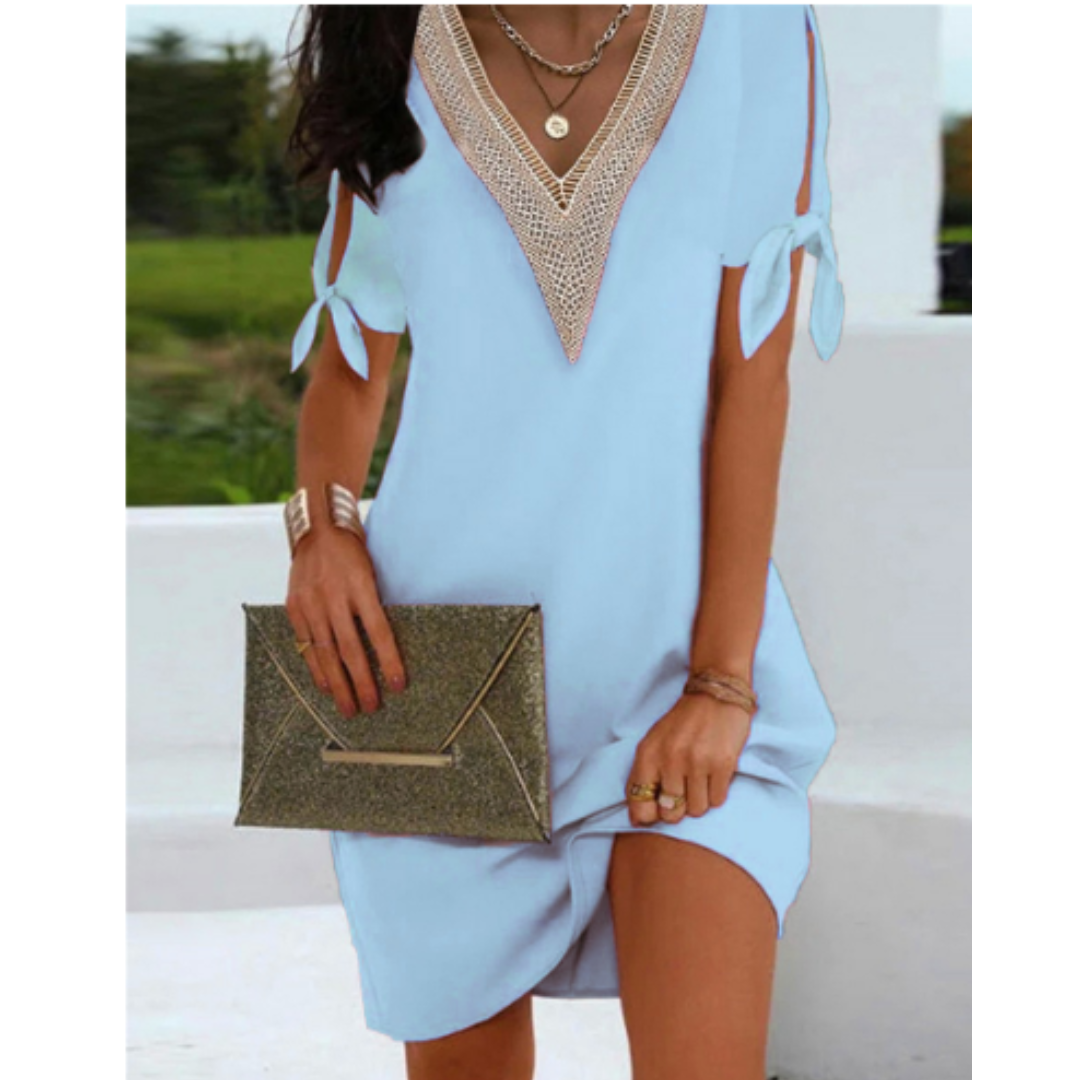 Women’s Tunic Dress – Relaxed Fit – V-Neck Detail – Sleeve Slits with Ties