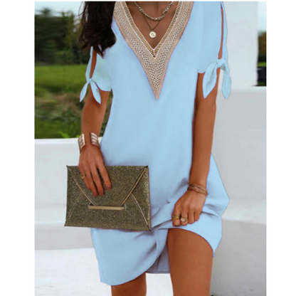 Women’s Tunic Dress – Relaxed Fit – V-Neck Detail – Sleeve Slits with Ties