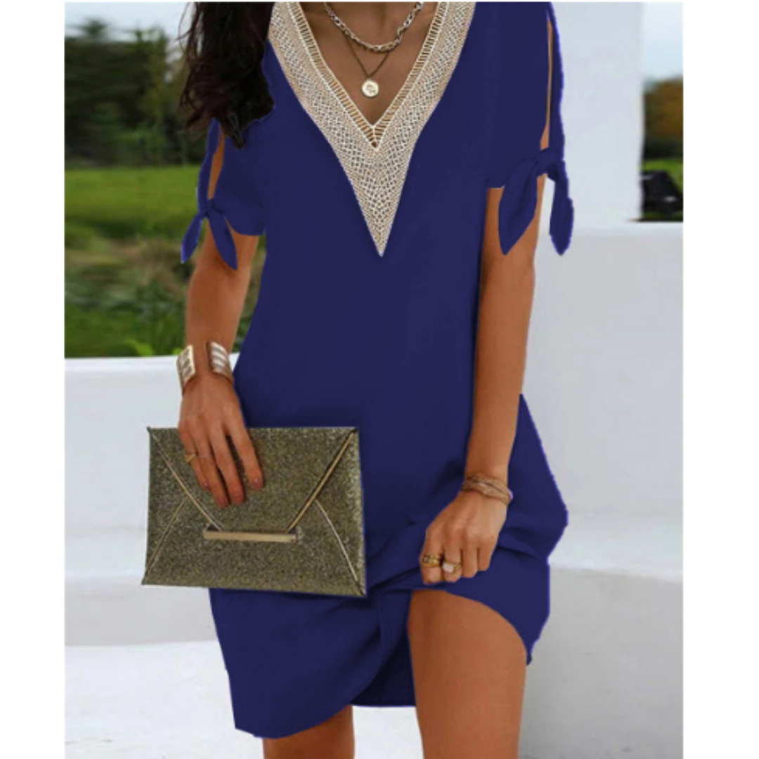 Women’s Tunic Dress – Relaxed Fit – V-Neck Detail – Sleeve Slits with Ties