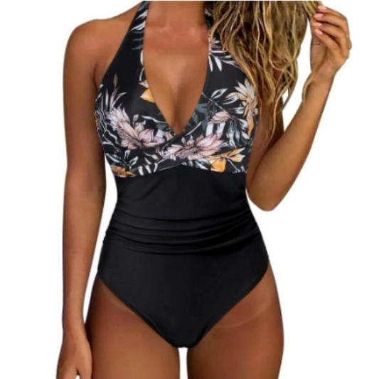 Women’s One-Piece Swimsuit – Halter Neck – Plunging V Neckline – Ruched Waist – Shiny Finish