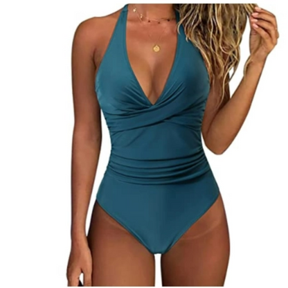 Women’s One-Piece Swimsuit – Halter Neck – Plunging V Neckline – Ruched Waist – Shiny Finish