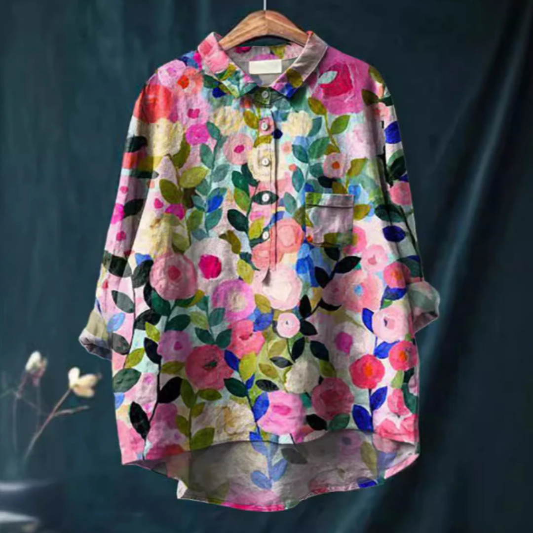 Women’s Blouse – Relaxed Fit – Floral Print – Natural Fibers – Button Front Casual Style