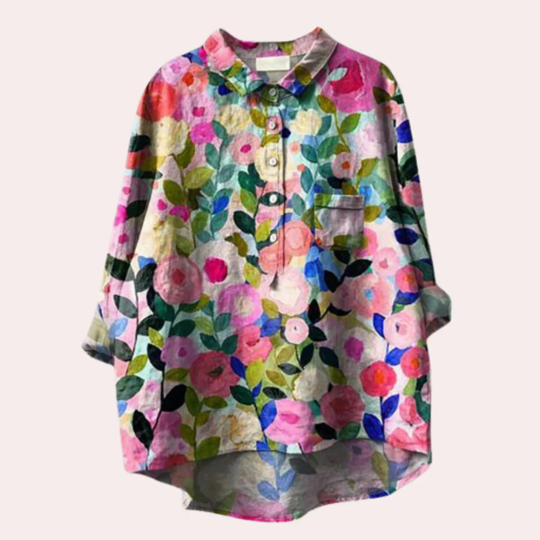 Women’s Blouse – Relaxed Fit – Floral Print – Natural Fibers – Button Front Casual Style