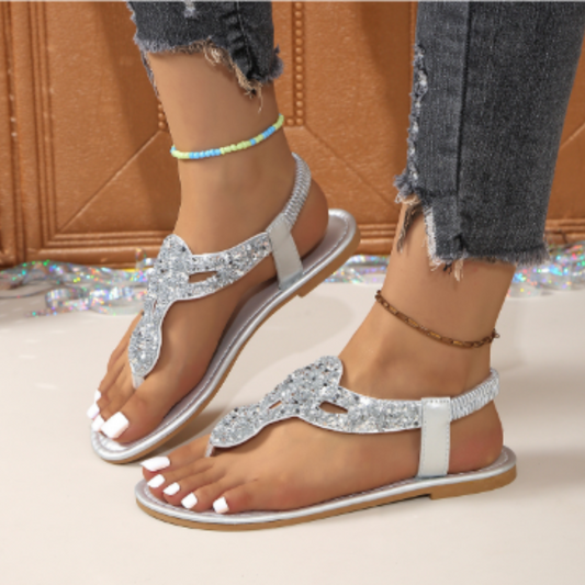 Women’s Toe-Post Sandals – Crystal Straps – Cushioned Footbed – Slim Fit