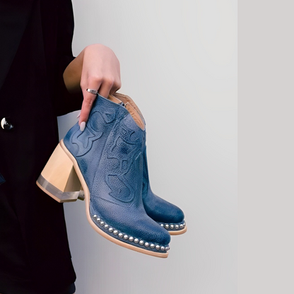 Women’s Ankle Boots – Leather Look – Embroidered Upper – Block Heel – Studded Sole