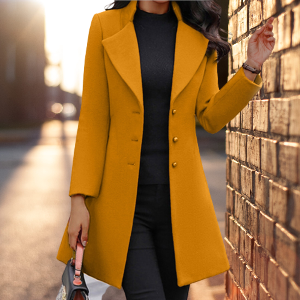 Women’s Long Coat – Tailored Fit – Wool Blend – Single-Breasted – Formal Style