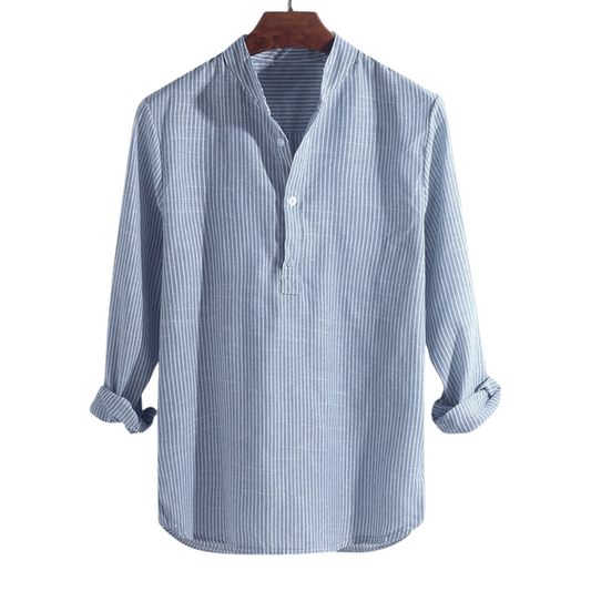 Men's Shirt – Relaxed Fit – Breathable Blend – Half Button – Striped – Long Sleeve