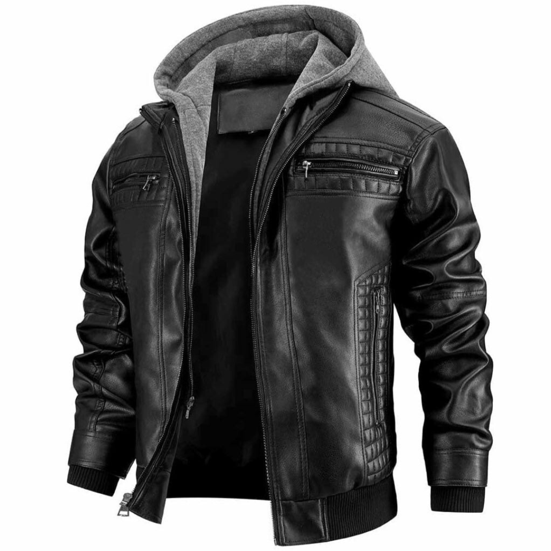 Men’s Motorcycle Jacket – Leather Look – Structured Fit – Hoodie Layer – Zipper Pockets