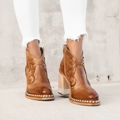 Women’s Ankle Boots – Leather Look – Embroidered Upper – Block Heel – Studded Sole
