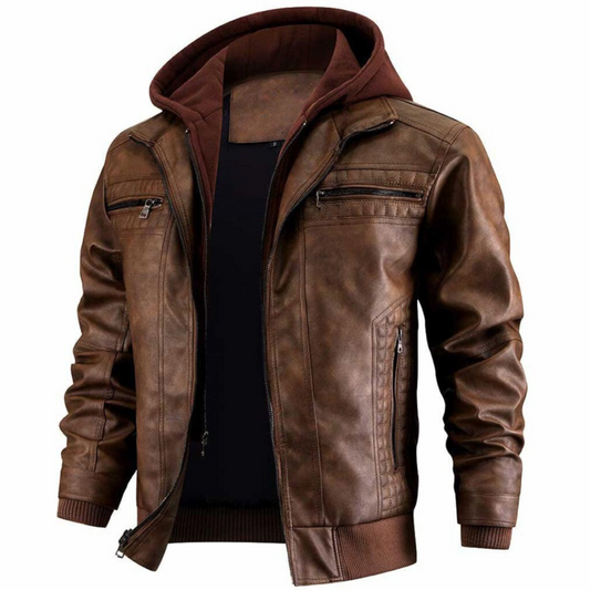 Men’s Motorcycle Jacket – Leather Look – Structured Fit – Hoodie Layer – Zipper Pockets