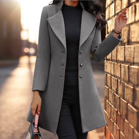 Women’s Long Coat – Tailored Fit – Wool Blend – Single-Breasted – Formal Style
