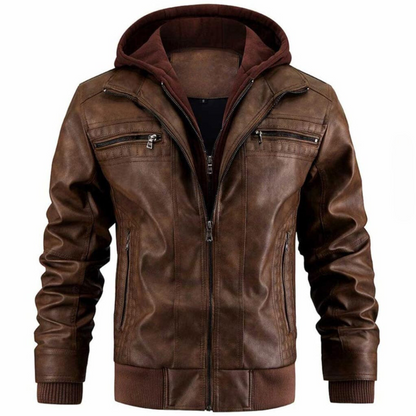 Men’s Motorcycle Jacket – Leather Look – Structured Fit – Hoodie Layer – Zipper Pockets