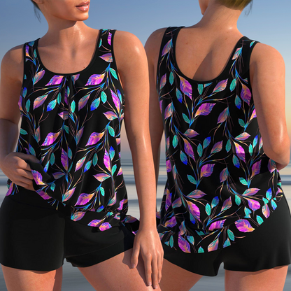 Women’s Tankini Set – Relaxed Fit – Scoop Neck – Leaf Print – Breathable Blend