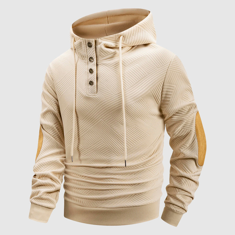 Charlie Geometric Hooded Henley Hoodie | Button Front Drawstring Hoodie