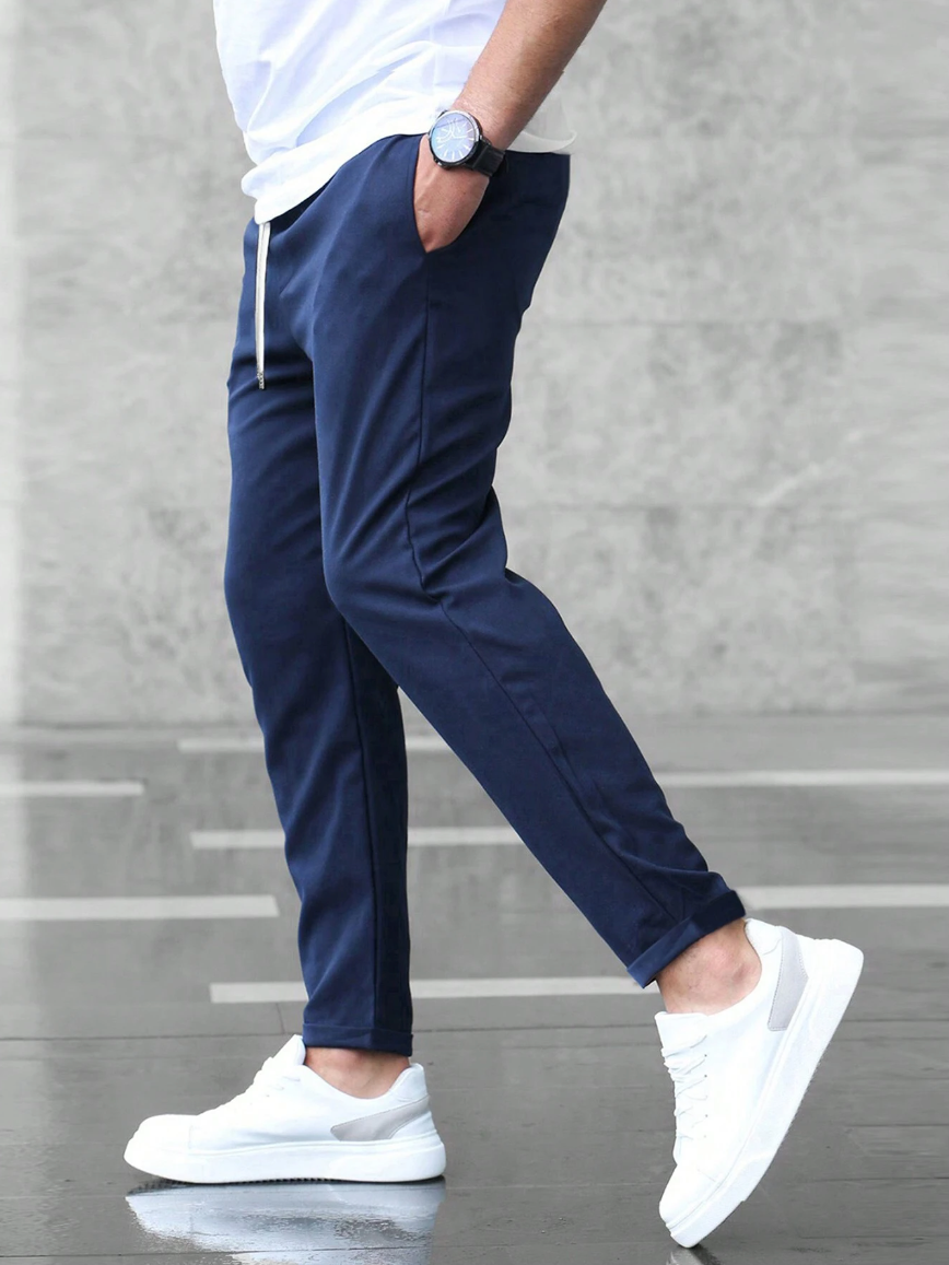 Men’s Slim Fit Pants – Cotton Blend – Elastic Waist – Drawstring – Full Length