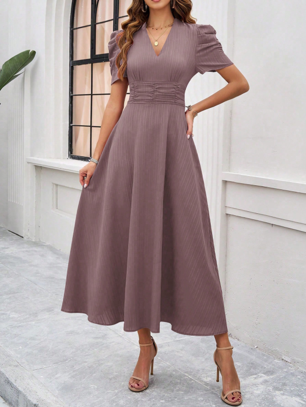 Women’s Midi Dress – V-Neck – Puff Sleeve – Fitted Waist – A-Line Flowing Fit