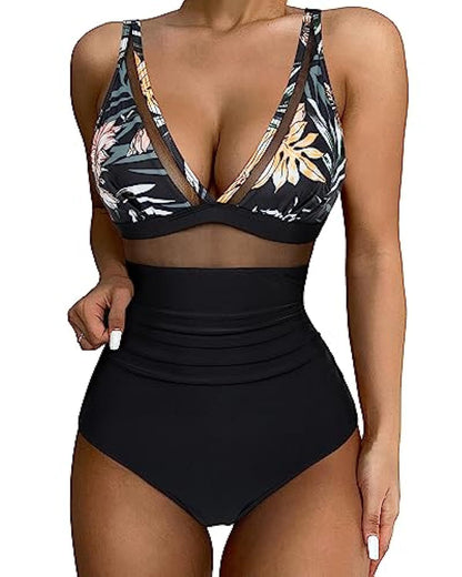 Women’s Swimsuit – Plunging Neckline – Mesh Panels – High-Cut Leg – Breathable Blend