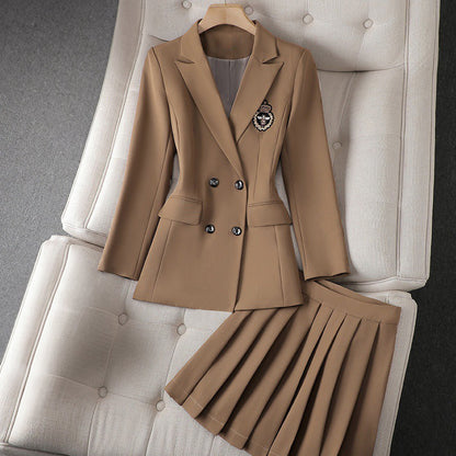 Women’s Blazer Skirt Set – Tailored Fit – Double Breasted – Pleated Knee-Length Skirt
